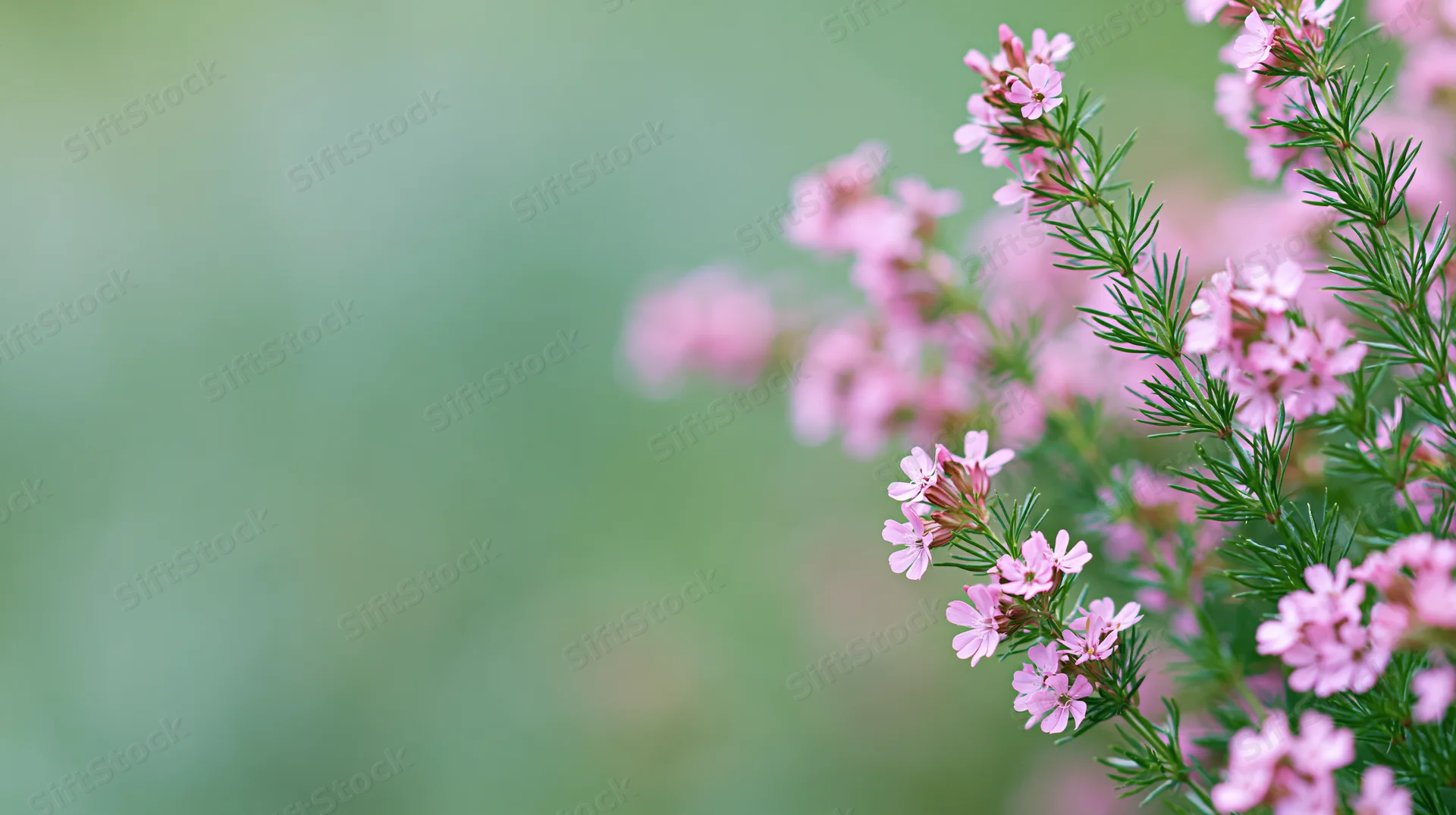 Pink wildflowers blooming on slender green stems against a soft green background