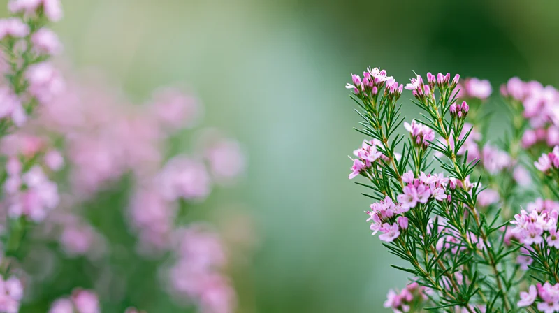 Pink wildflowers blooming on slender green stems in a garden setting