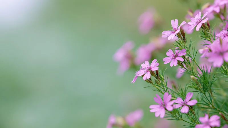 Pink wildflowers blooming on slender green stems against a soft green background