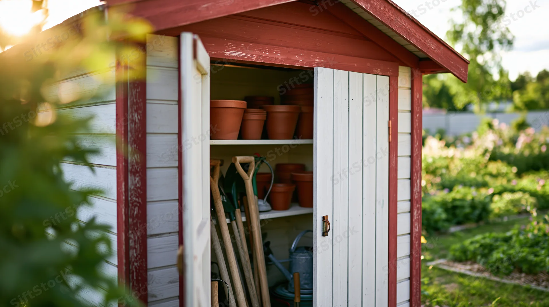 Small red and white wooden garden shed with open doors revealing gardening tools and pots inside the yard