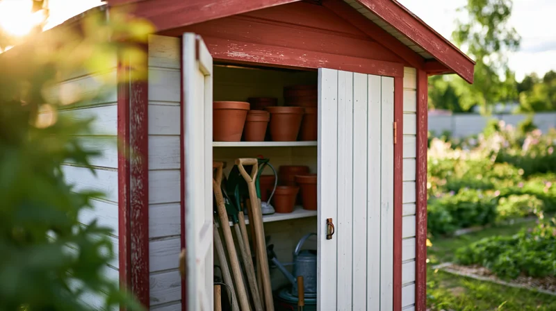 Small red and white wooden garden shed with open doors revealing gardening tools and pots inside the yard