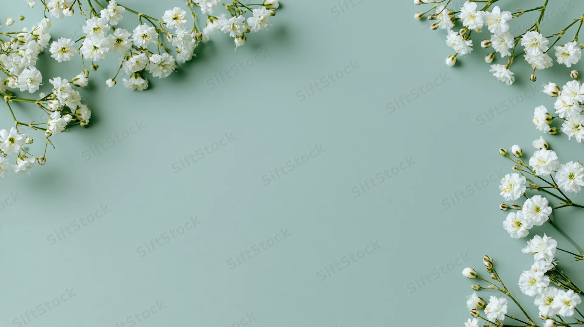 White gypsophila sprigs arranged along the edges of a mint green surface creating a floral border with central copyspace