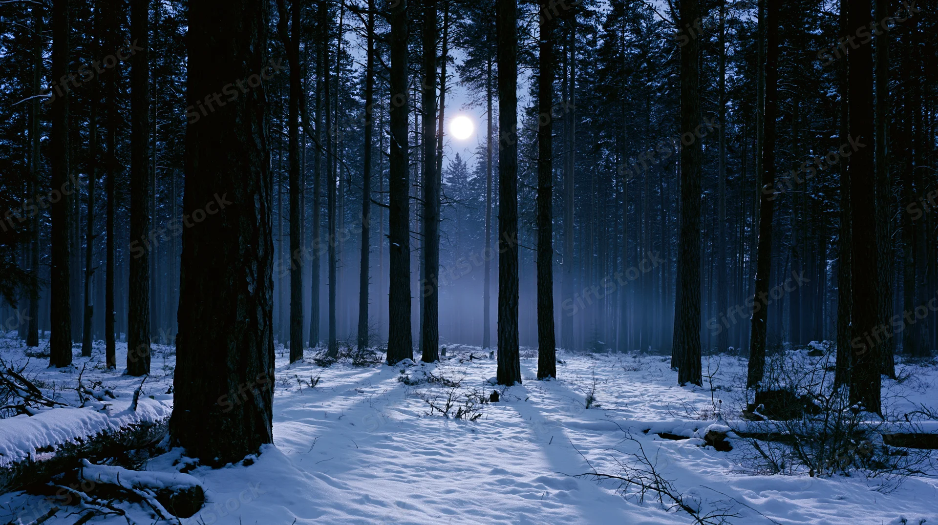 Snow-covered forest floor at night with tall pine trees and moonlight filtering through the trees