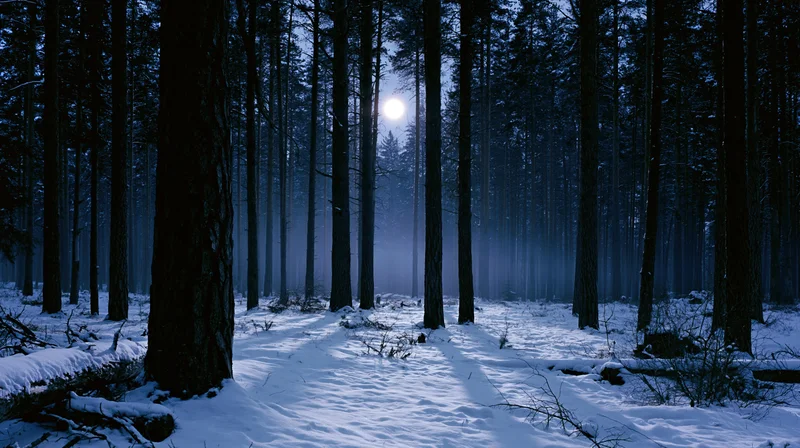 Snow-covered forest floor at night with tall pine trees and moonlight filtering through the trees