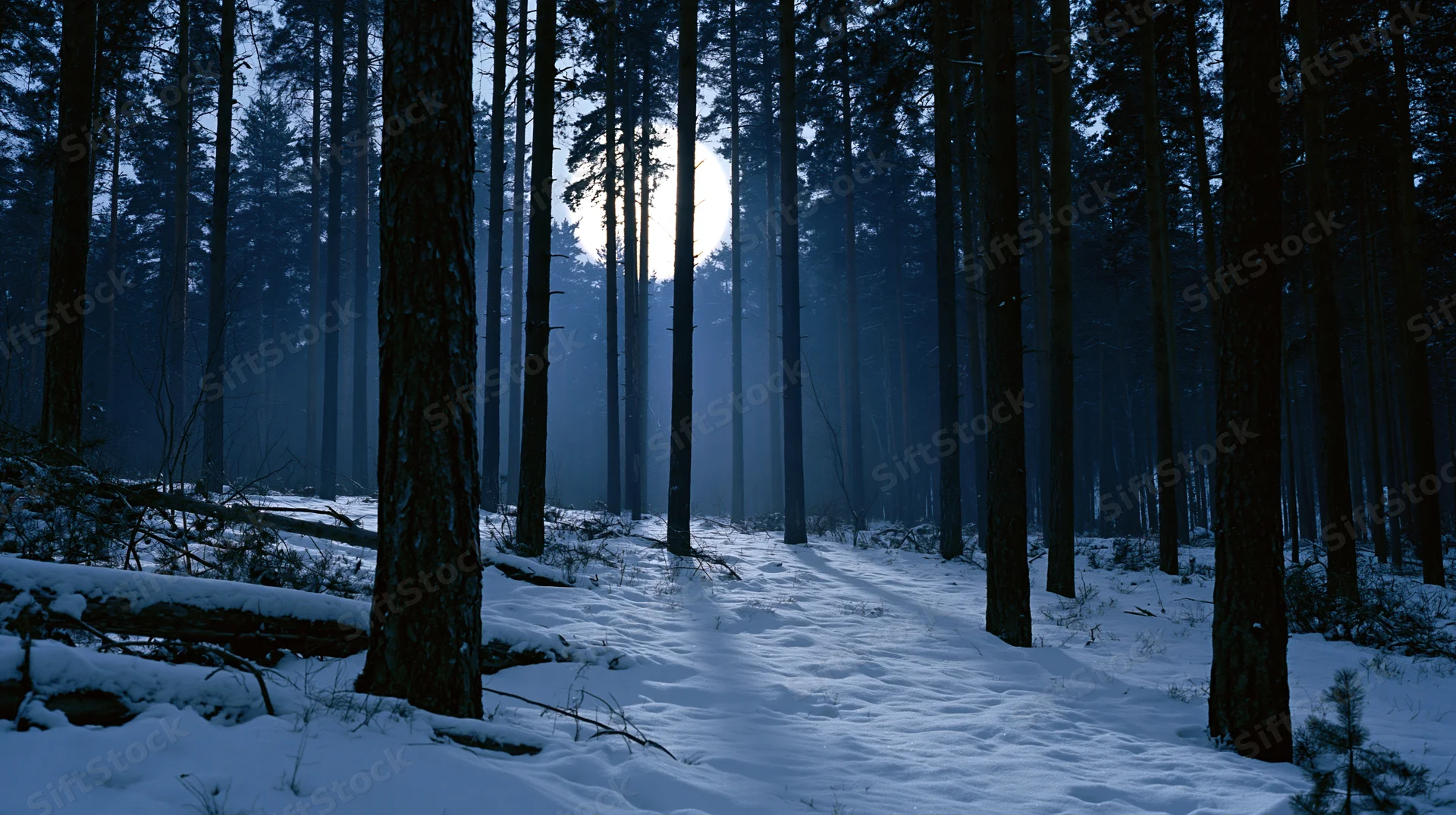 Snow-covered forest path at night with tall pine trees and moonlight filtering through the trees