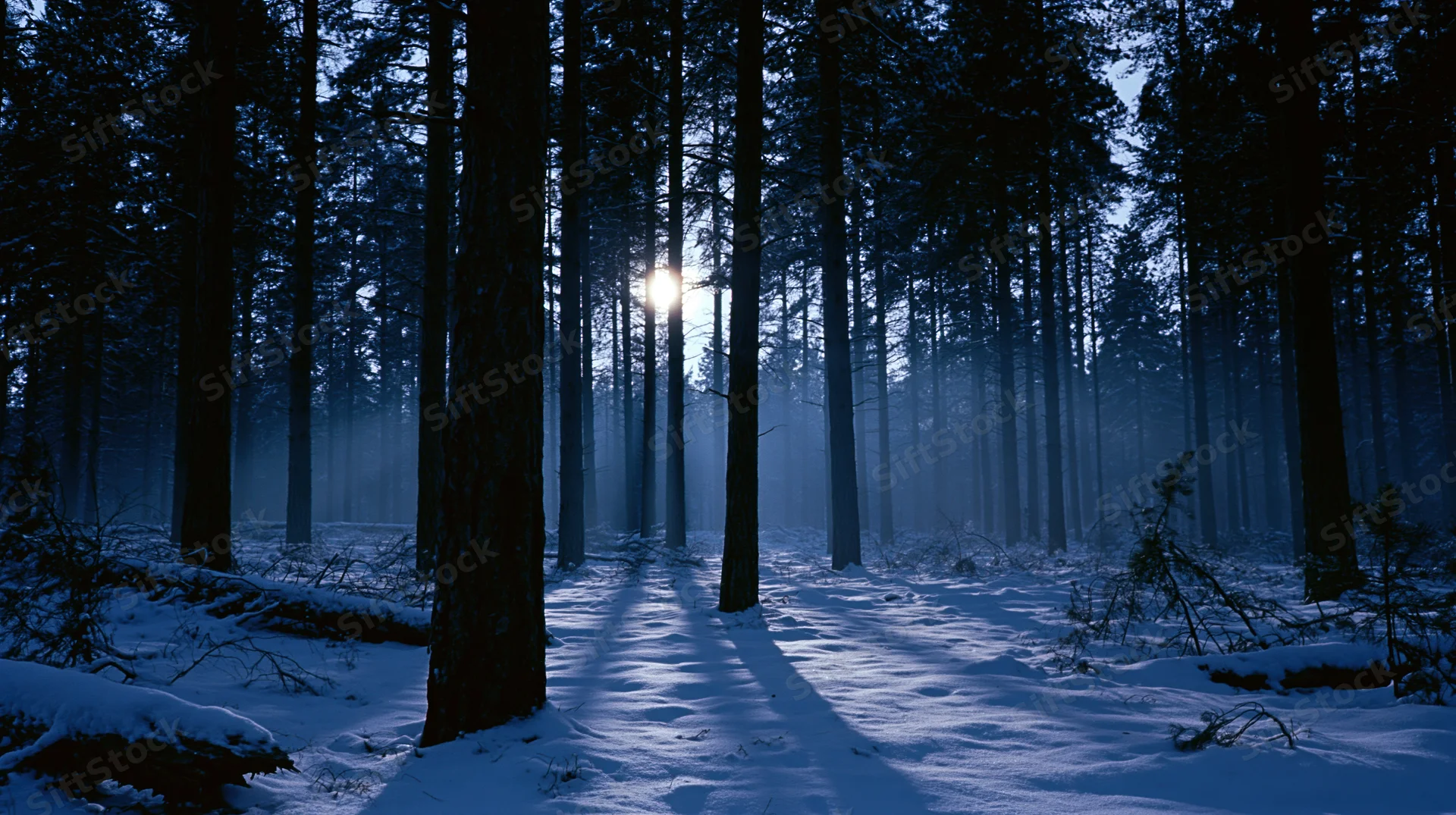 Snow-covered forest path at night with moonlight filtering through tall pine trees