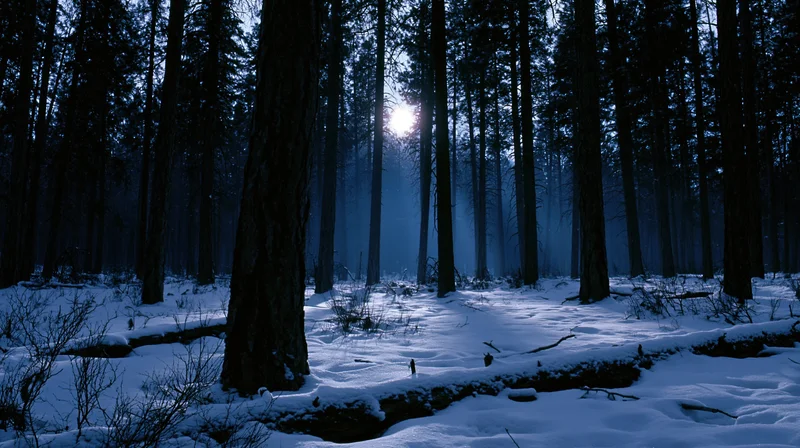 Snow-covered forest floor at night with tall pine trunks silhouetted against moonlight and mist