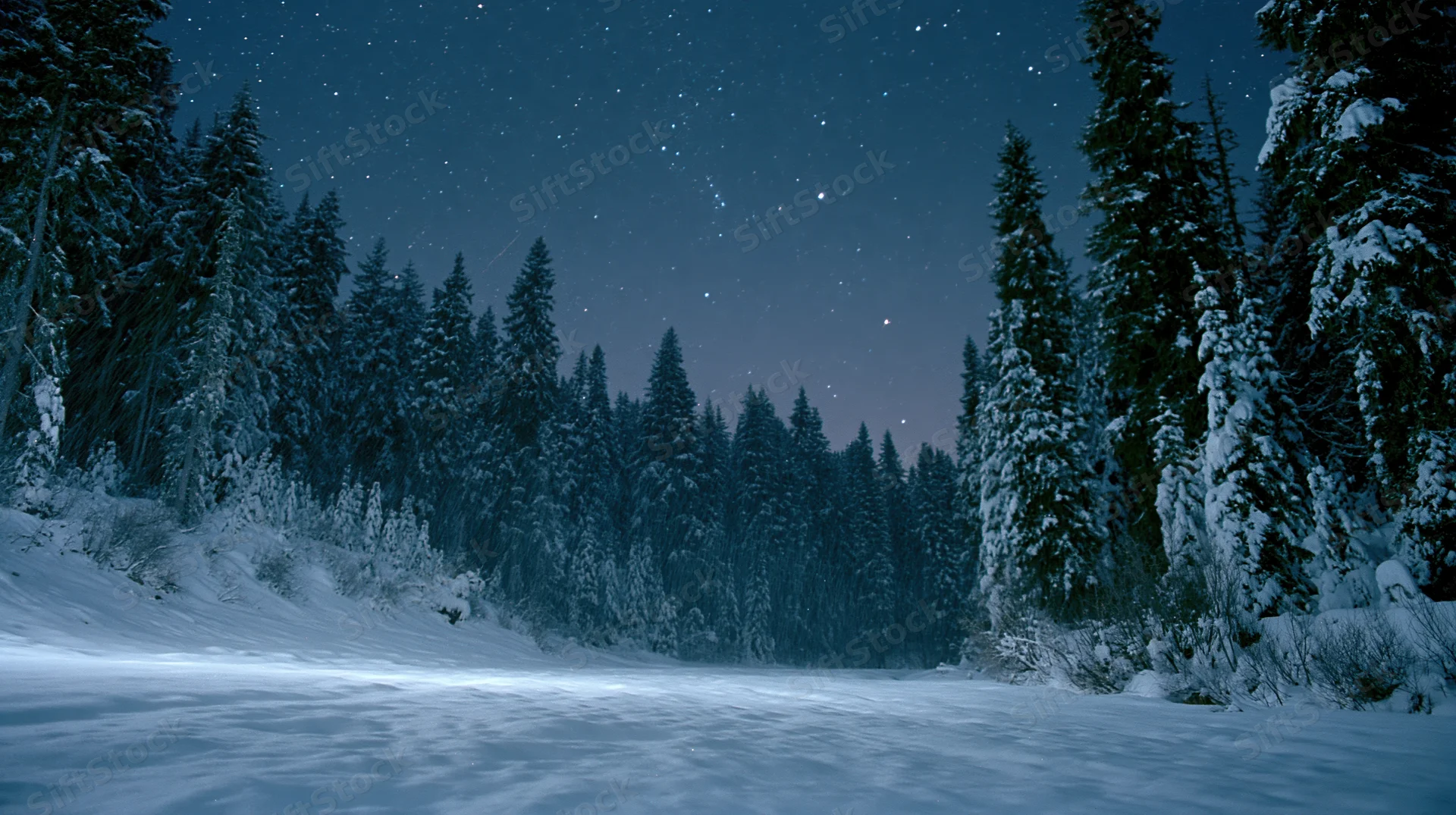 Snow-covered spruce forest at night under starry sky with moonlight on snowdrifts