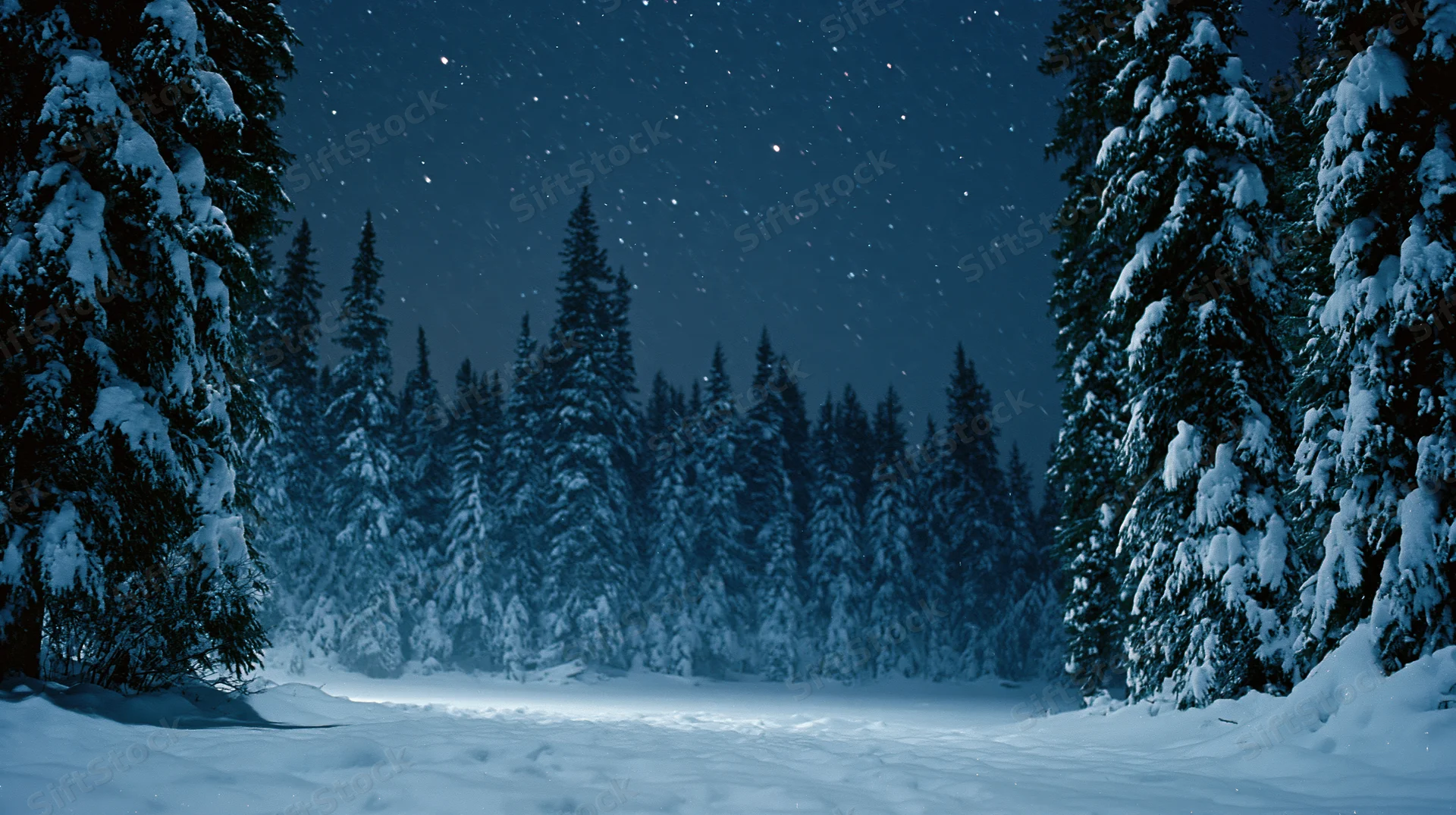 Snow-covered spruce forest at night with stars visible above a snowy path