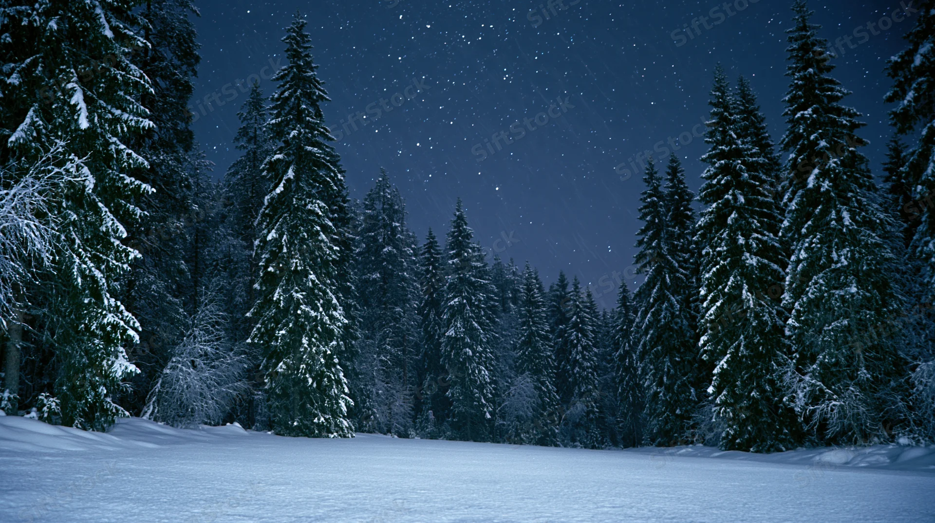 Snow-covered spruce forest at night under starry sky