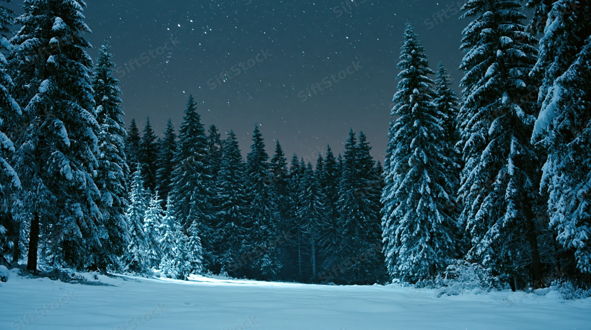 Snow-covered spruce forest at night under starry sky