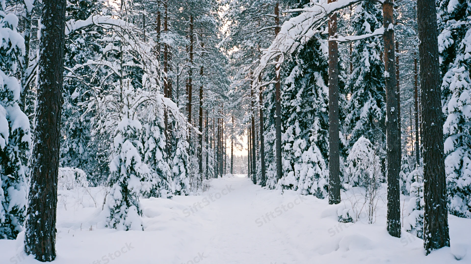 Snow-covered spruce forest with narrow untouched path running through it