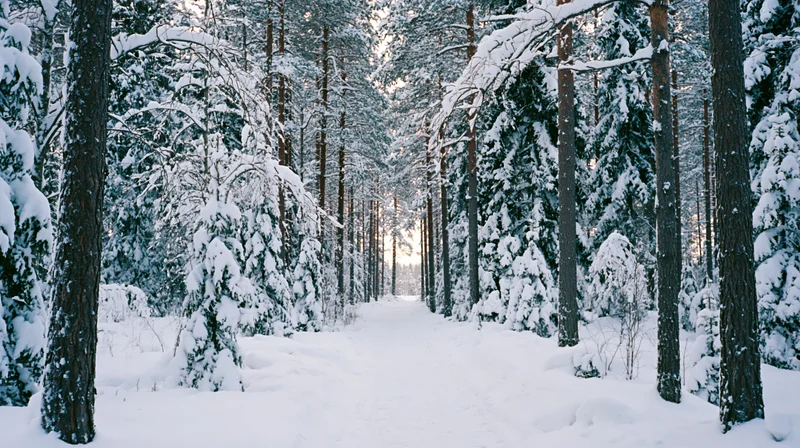 Snow-covered spruce forest with narrow untouched path running through it