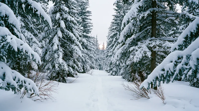 Snow-covered spruce forest with narrow untouched path winding through trees