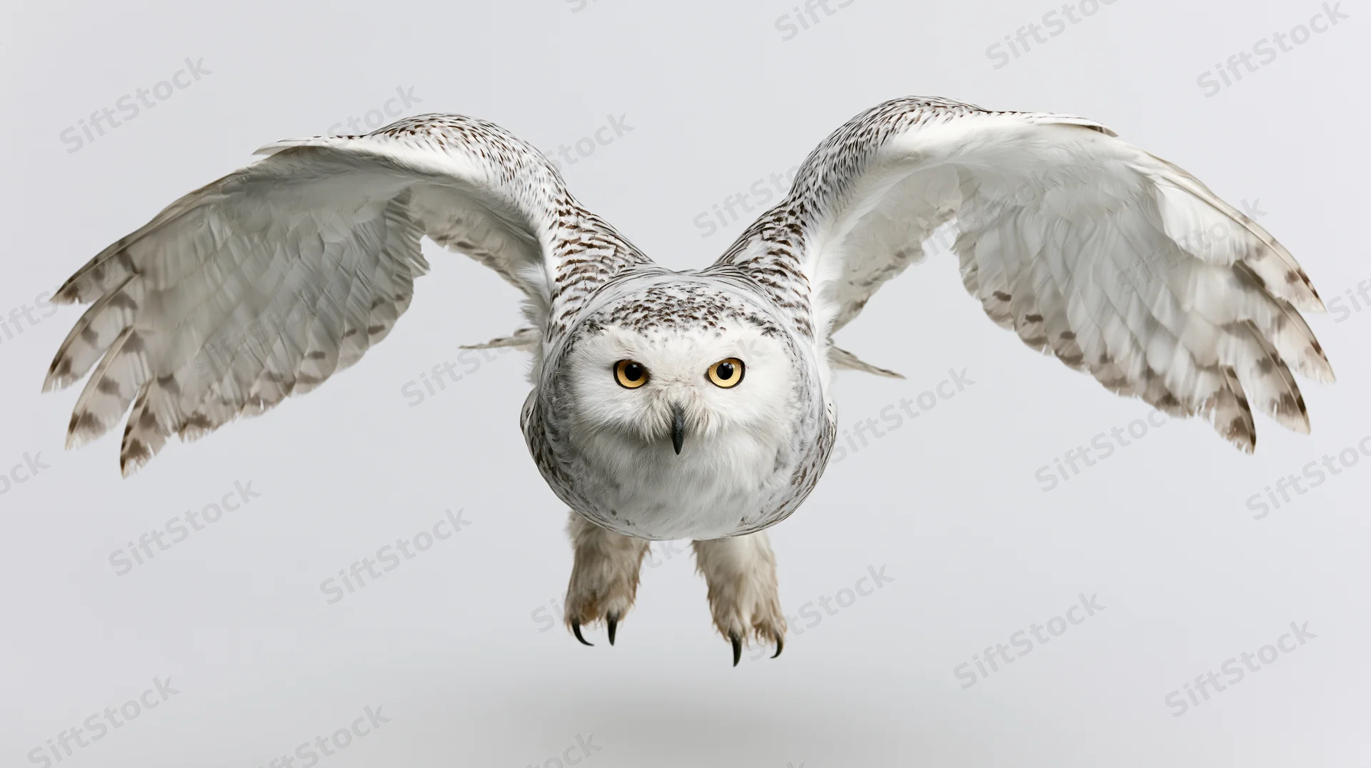 Snowy owl in mid-flight with wings spread facing camera against white background