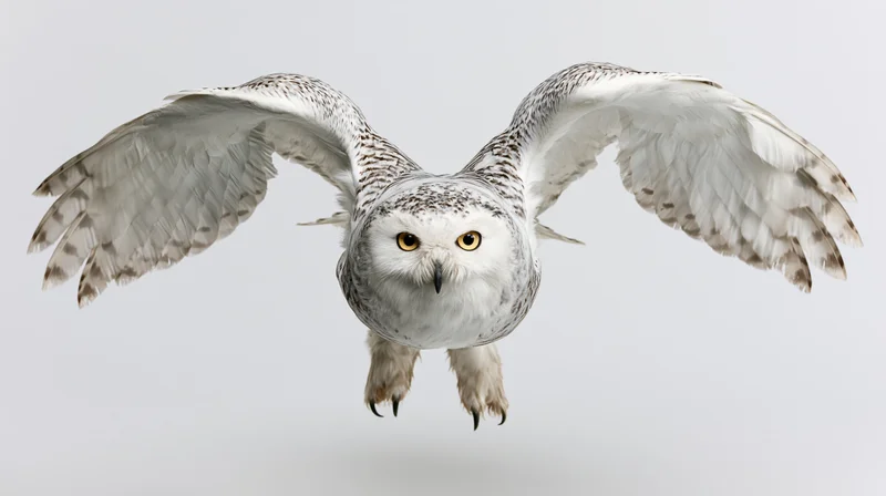 Snowy owl in mid-flight with wings spread facing camera against white background