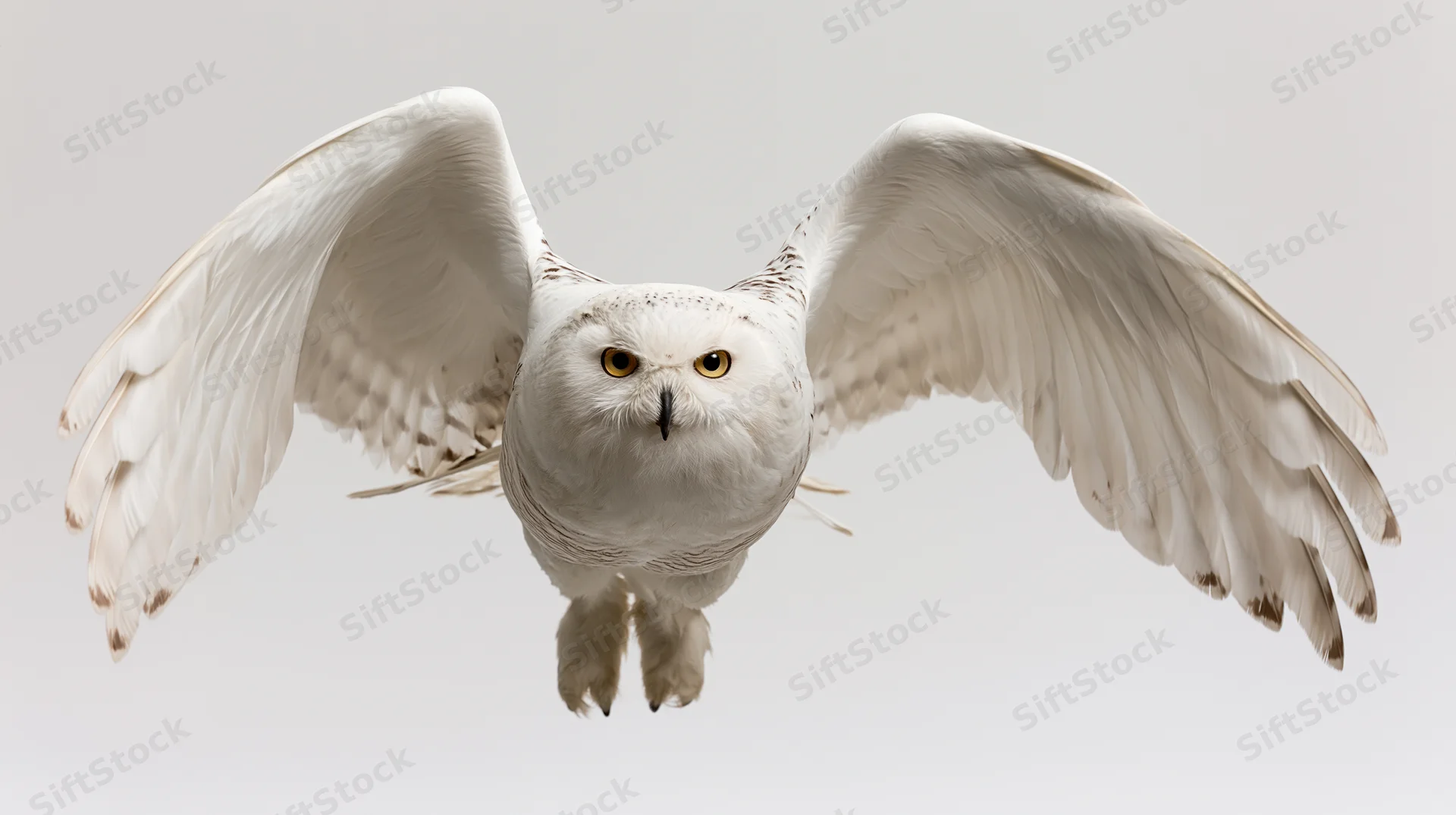 Snowy owl in mid-flight with wings spread facing camera against plain background