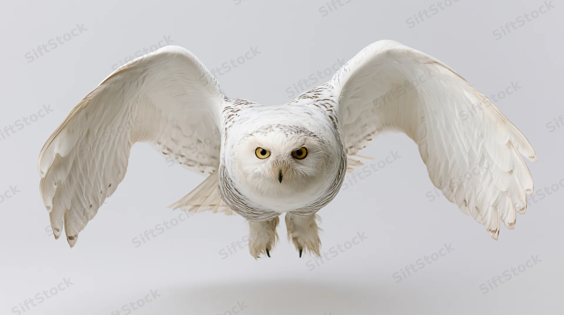 Snowy owl in mid-flight with wings spread facing camera against white background