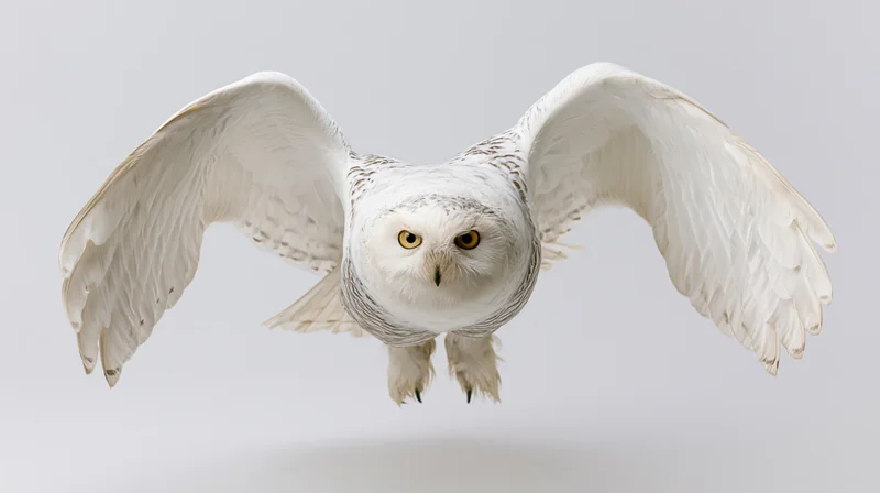 Snowy owl in mid-flight with wings spread facing camera against white background