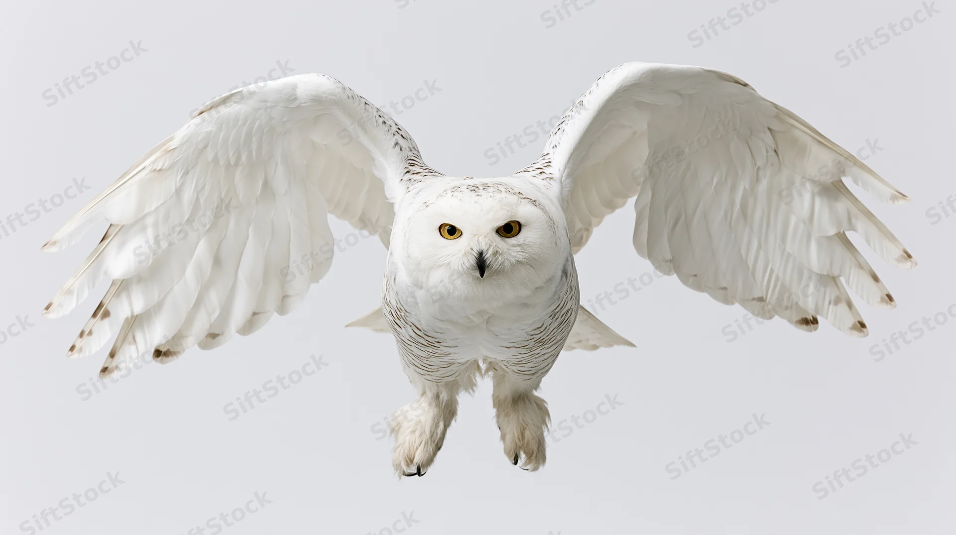 Snowy owl in mid-flight with wings spread facing camera against white background