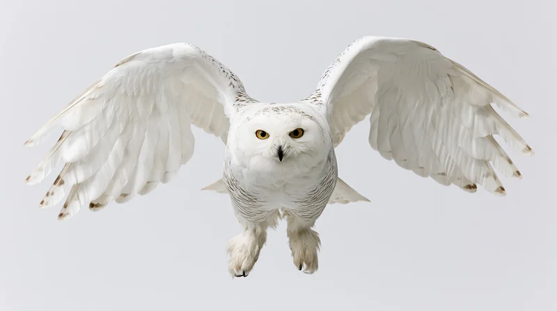 Snowy owl in mid-flight with wings spread facing camera against white background