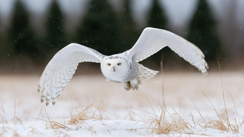 Snowy owl in mid-flight with wings fully spread gliding low over snowy field