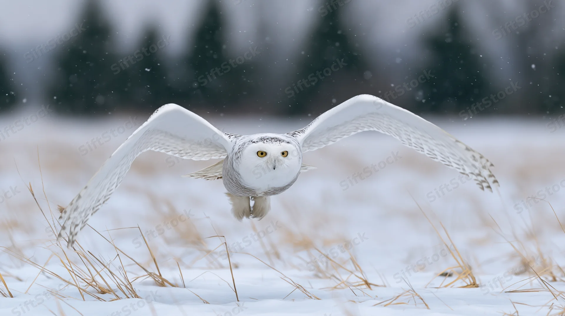 Snowy owl in mid-flight with wings spread gliding low over snowy field