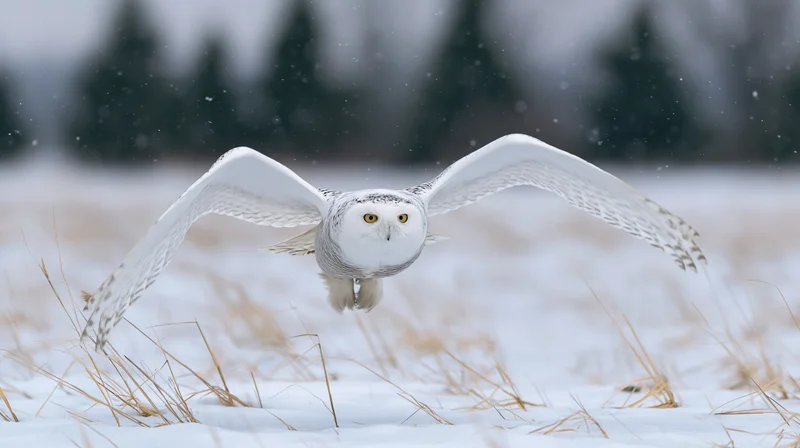 Snowy owl in mid-flight with wings spread gliding low over snowy field
