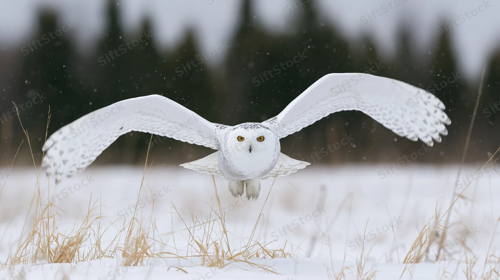 Snowy owl gliding low over snowy field with wings fully spread