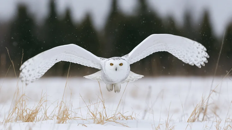Snowy owl gliding low over snowy field with wings fully spread