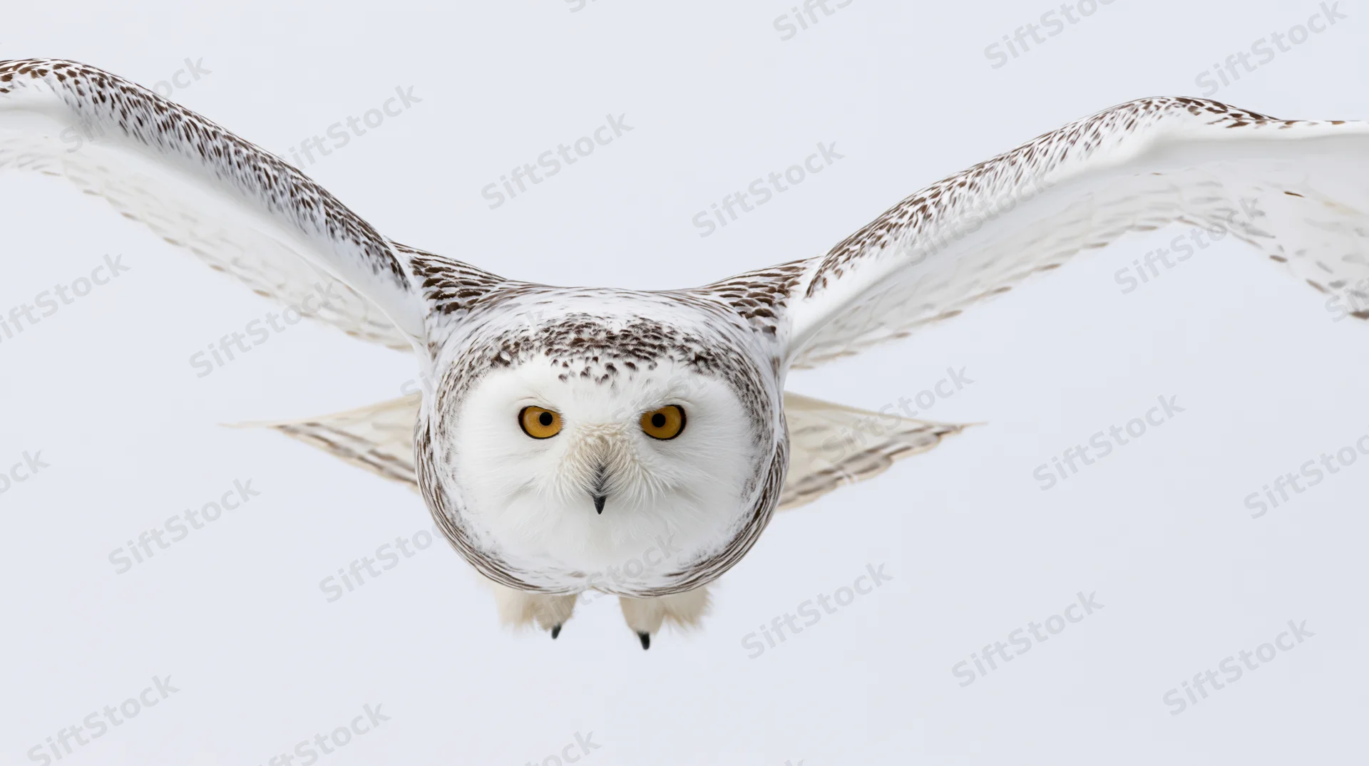 Snowy owl in mid-flight with wings spread facing forward against white background