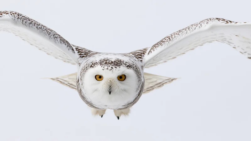 Snowy owl in mid-flight with wings spread facing forward against white background