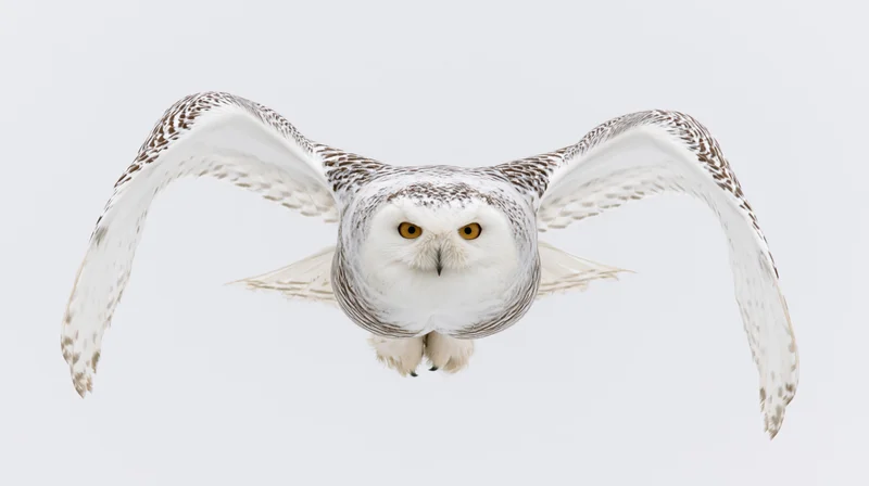 Snowy owl in mid-flight with wings fully spread facing forward against white background