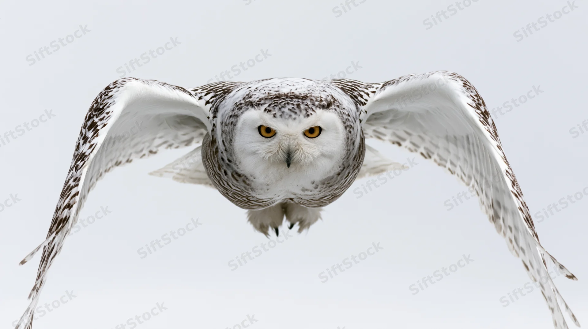 Snowy owl in mid-flight with wings fully spread facing forward against white background