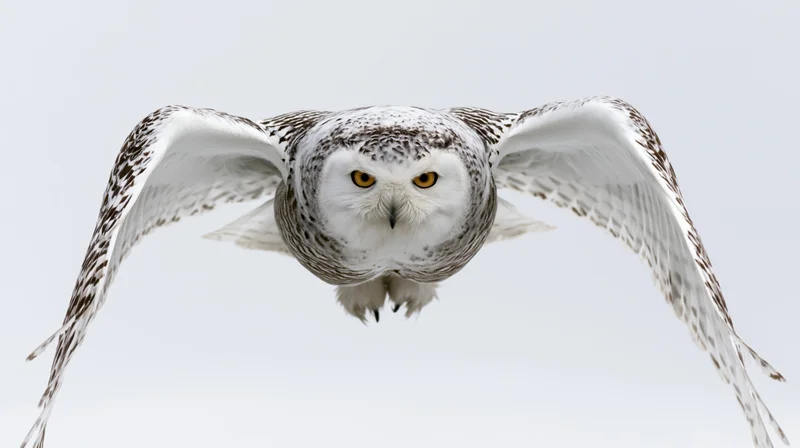 Snowy owl in mid-flight with wings fully spread facing forward against white background
