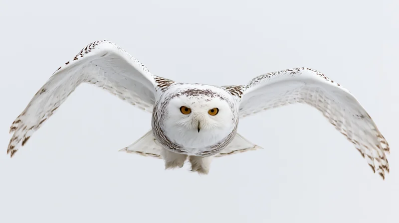 Snowy owl in mid-flight with wings fully spread facing forward against white background