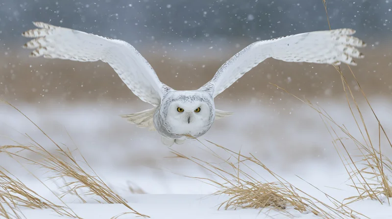 Snowy owl gliding low over snowy field with wings spread wide