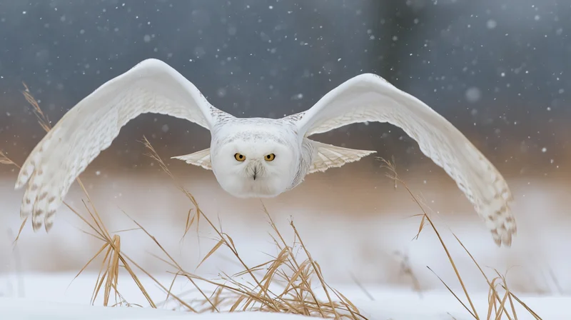 Snowy owl in mid-flight with wings fully spread gliding low over snowy field with dry grass