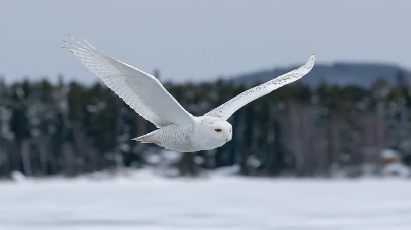 Snowy owl gliding low over snowy field with wings fully spread near forested hills