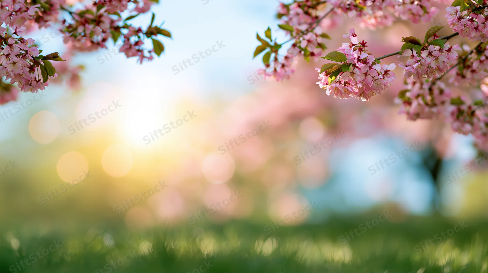 Cherry blossom branches in bloom over a soft-focus green field with sunlight and bokeh background