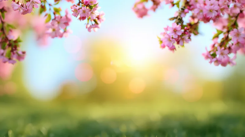 Cherry blossom branches framing a sunlit spring meadow with soft bokeh background