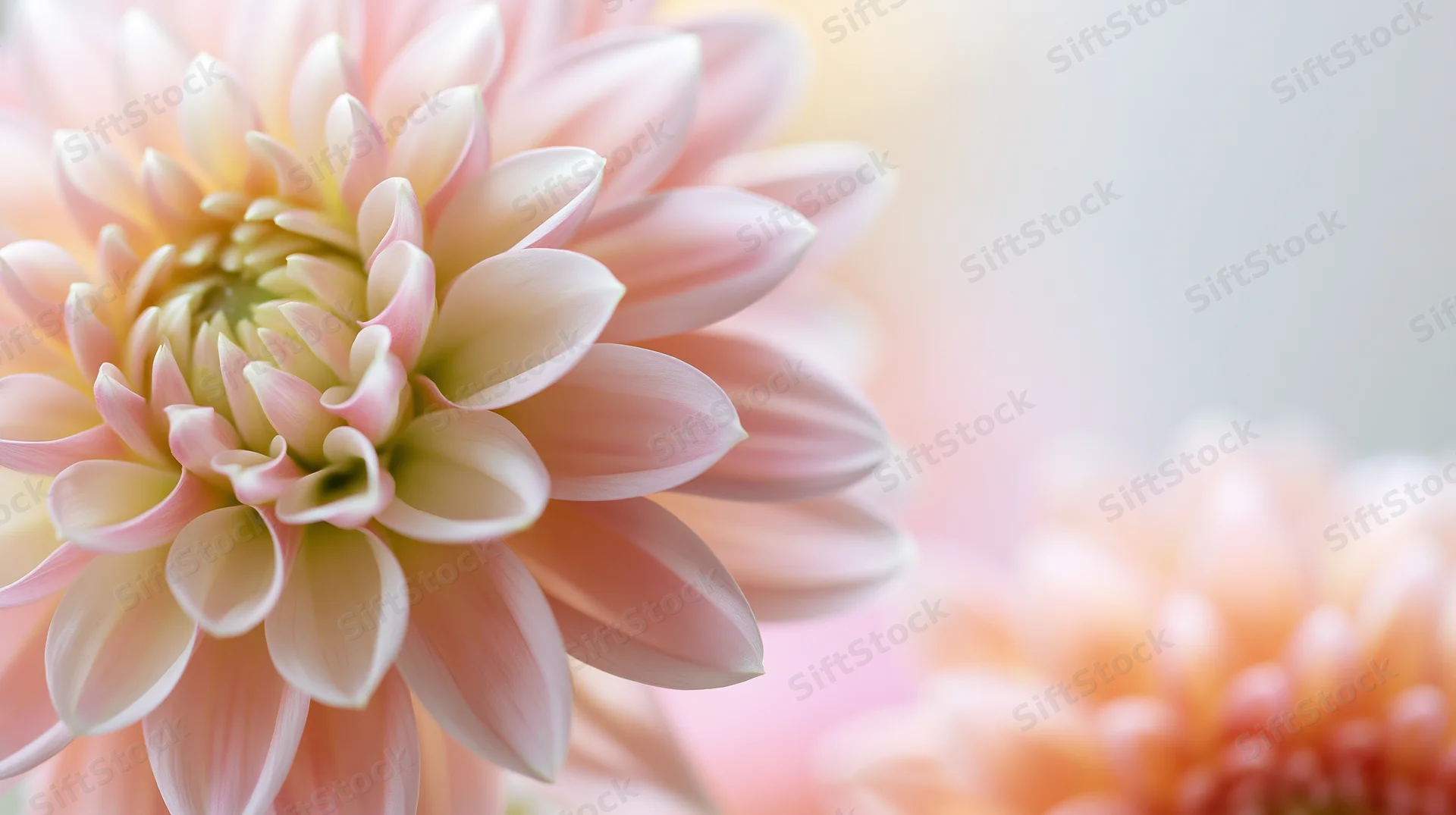 Closeup of soft pink dahlia bloom with blurred floral background on the right