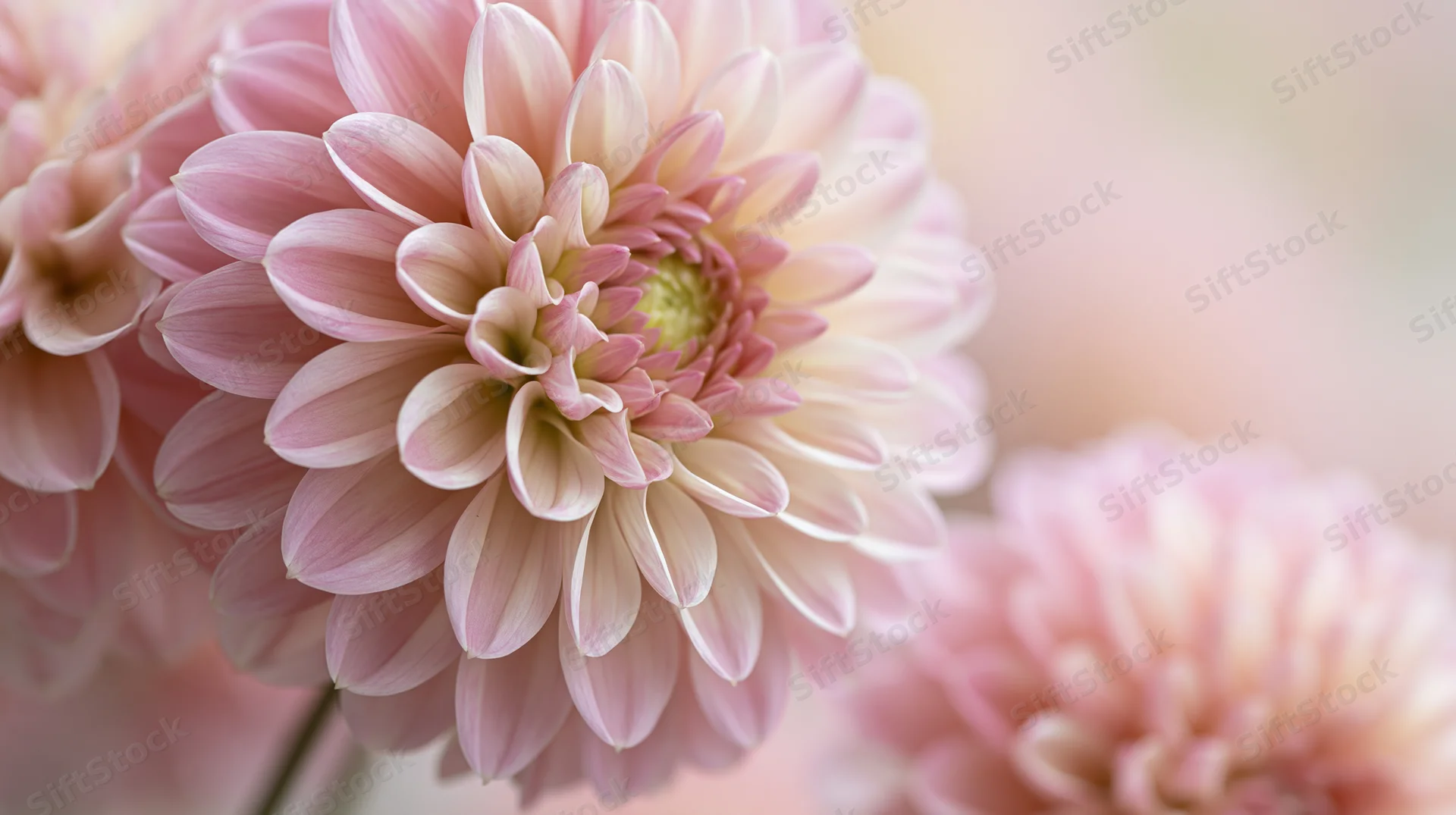 Soft pink dahlia blooms in closeup with shallow depth of field and blurred background