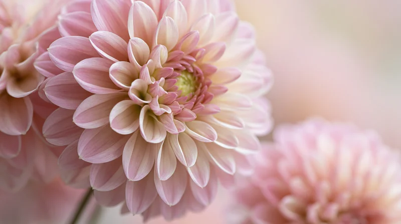Soft pink dahlia blooms in closeup with shallow depth of field and blurred background
