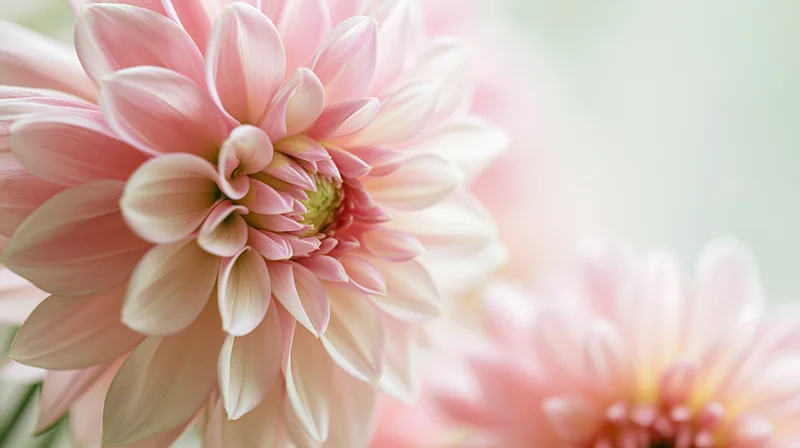 Soft pink dahlia blooms in closeup with blurred background and copyspace on the right