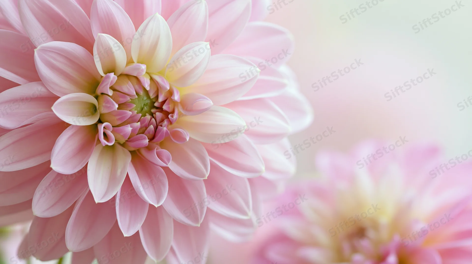 Closeup of soft pink dahlia bloom with blurred background on the right