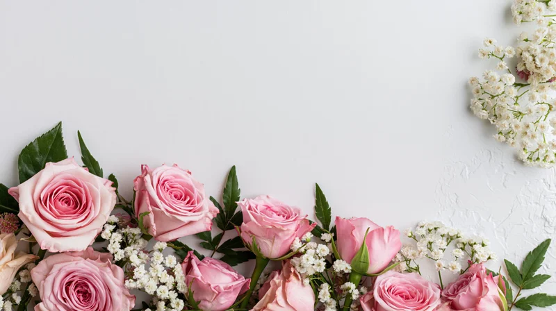 Pink roses and white blossoms arranged along the bottom edge of a white surface with copyspace above