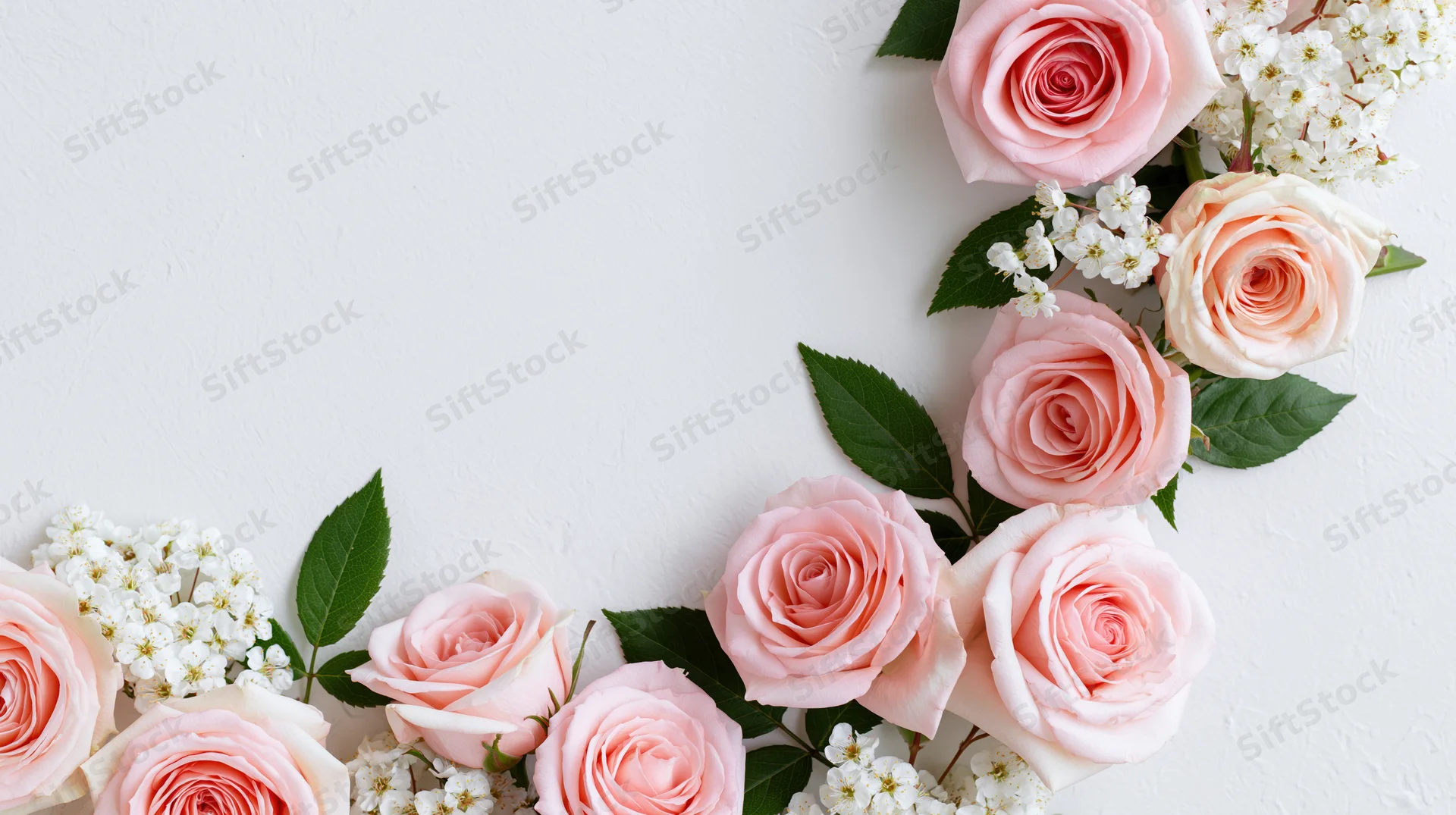 Pink roses and white blossoms arranged along the top and left edge of a white surface