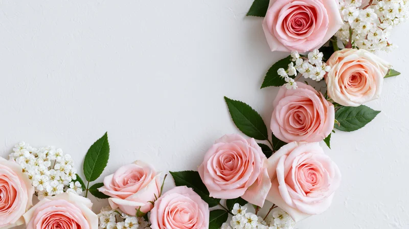 Pink roses and white blossoms arranged along the top and left edge of a white surface