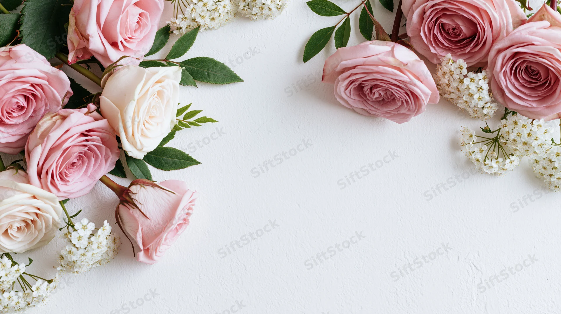 Pink roses and white blossoms arranged along the top edges of a white surface with copyspace in the center